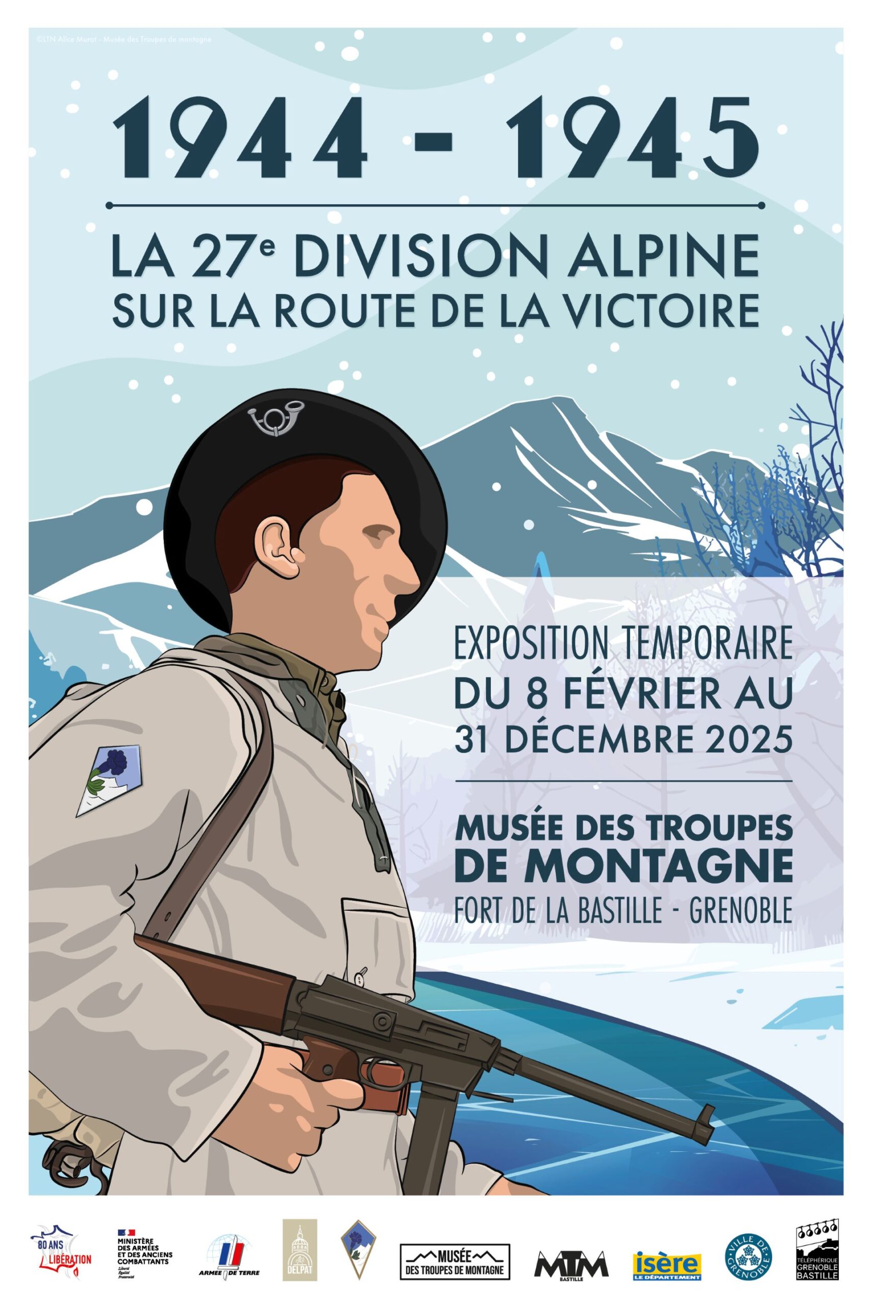 Affiche de l'exposition temporaire du Musée des Troupes de montagne "1944 - 1945 : la 27ème division alpine sur la route de la victoire"