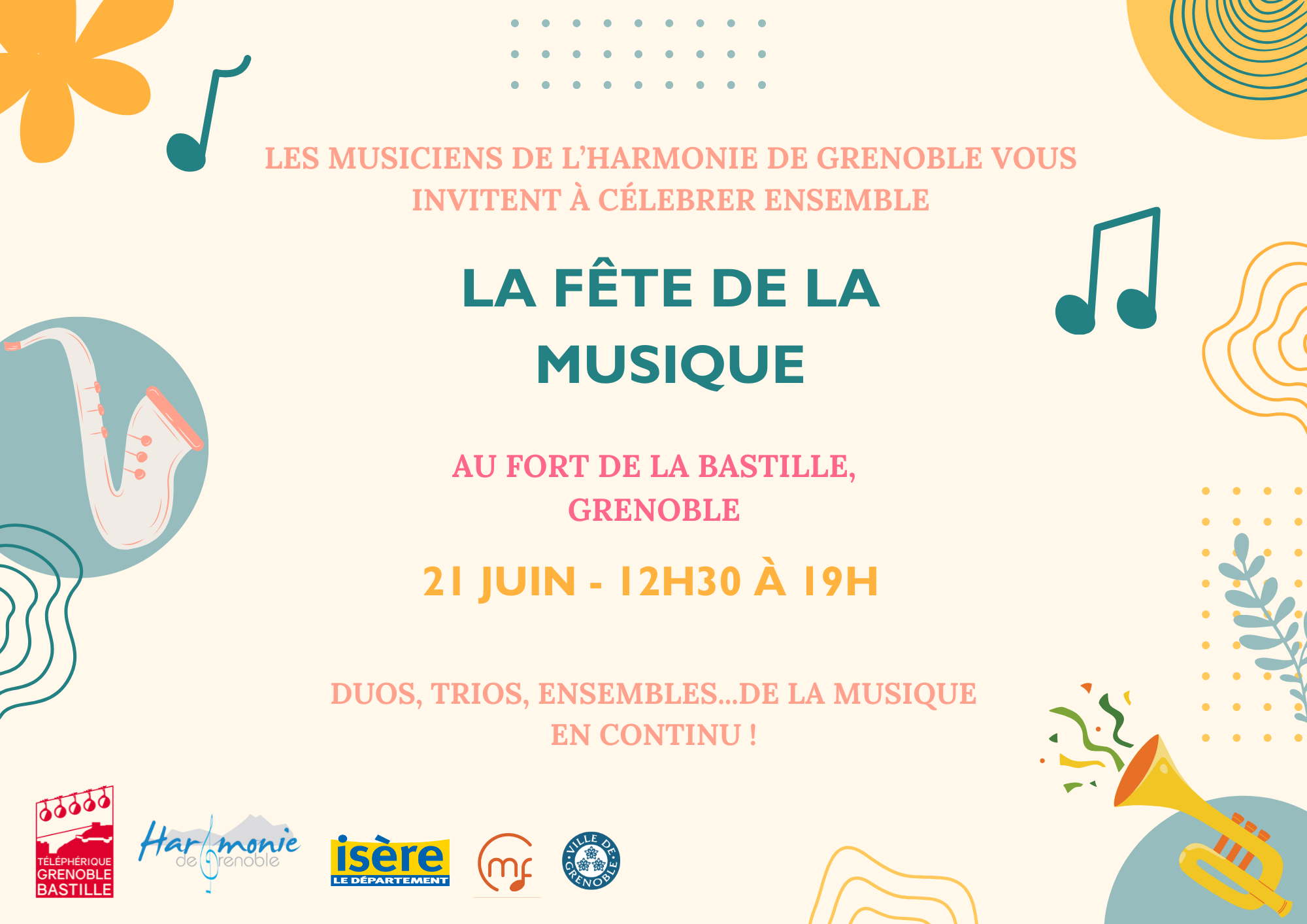 affiche du concert de l'Harmonie de Grenoble à l'occasion de la fête de la musique le samedi 21 juin 2025 au Fort de la Bastille