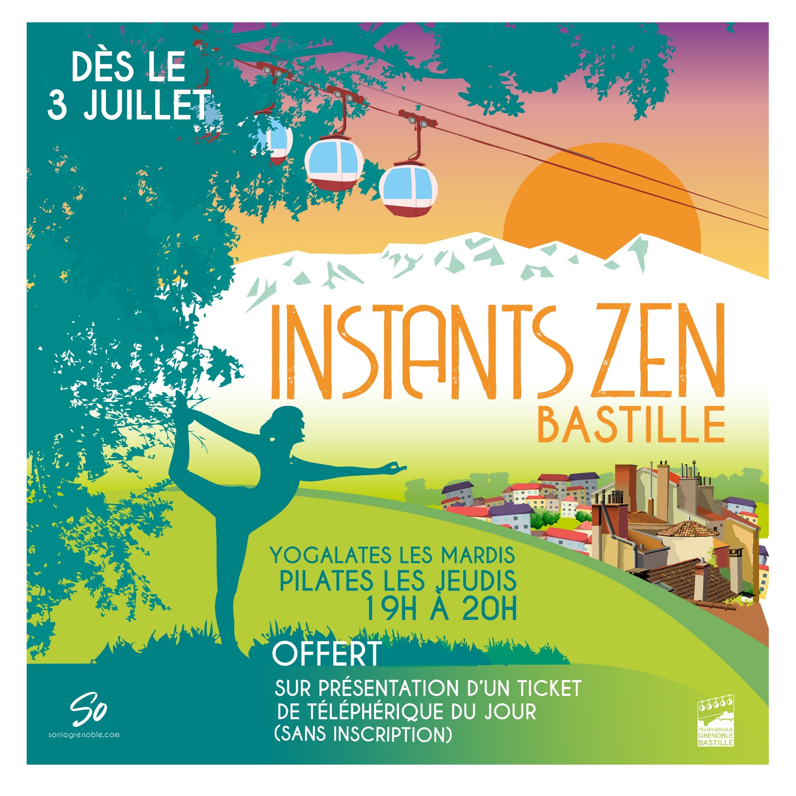 Affiche réalisé par So Grenoble pour les cours de Yogalates et de Pilates du jeudi 3 juillet au jeudi 28 août 2025 de 19h à 20h tous les mardis et jeudis.