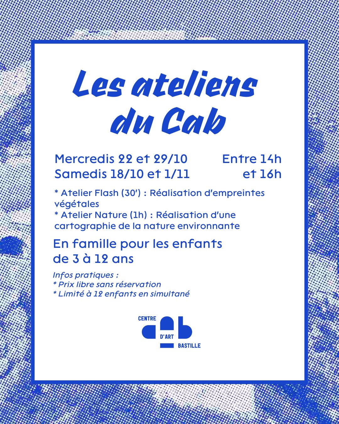 affiche du centre d'art bastille pour les ateliers des vacances de la Toussaint 2025